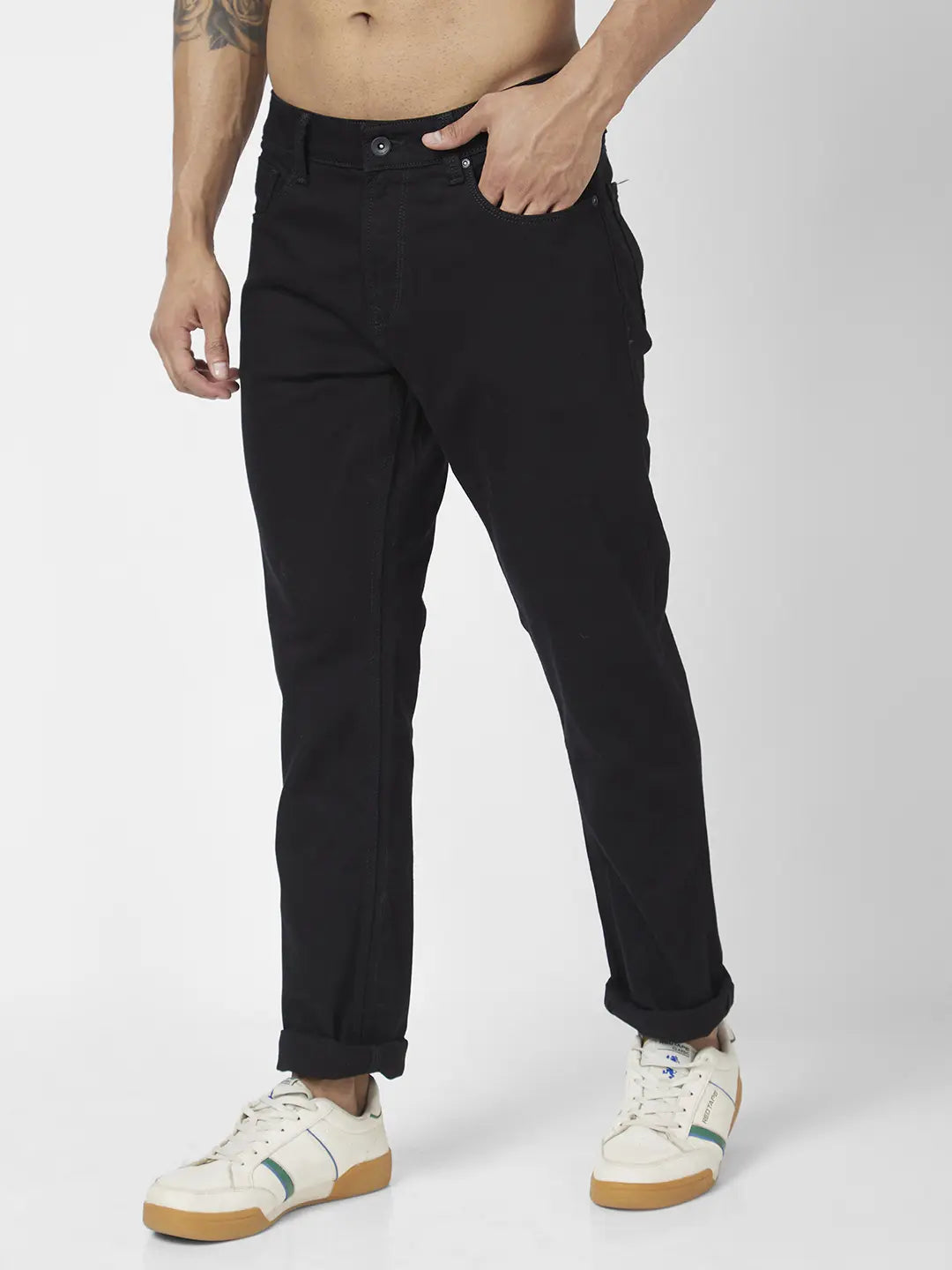 Spykar Men Black Cotton Stretch Regular Fit Narrow Length Clean Look Mid Rise Jeans (Rover)