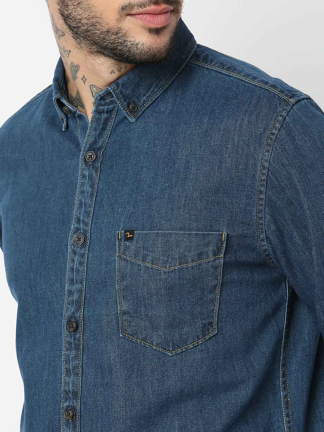 Spykar Men Dark Blue Cotton Slim Fit Denim Shirts