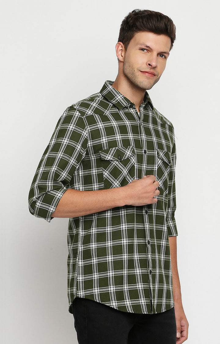 Spykar Men Green Slim Fit Full Sleeve Checkered Shirt