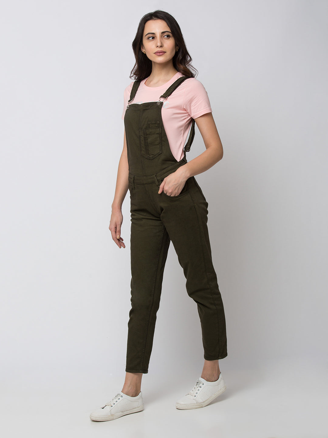 Spykar Women Olive Cotton Skinny Fit Regular Dungaree