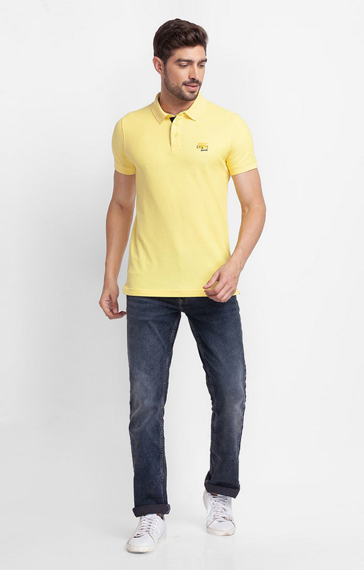 Spykar Yellow Cotton Half Sleeve Plain Casual Polo T-Shirt For Men