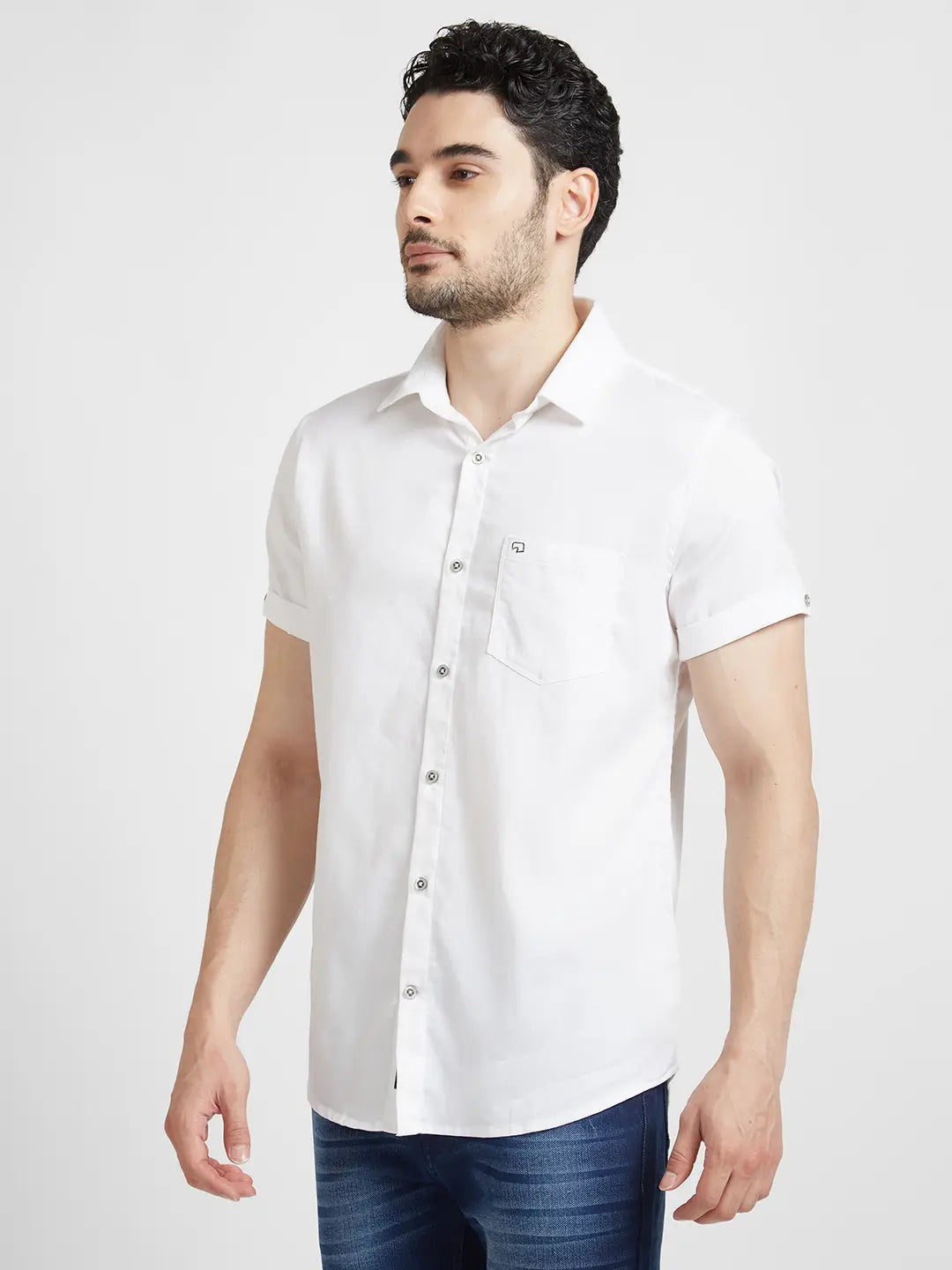 Spykar Men White Dyed Regular Slim Fit Half Sleeve Plain Shirt