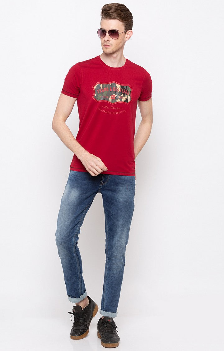 Spykar Red Printed Slim Fit Men T-Shirts