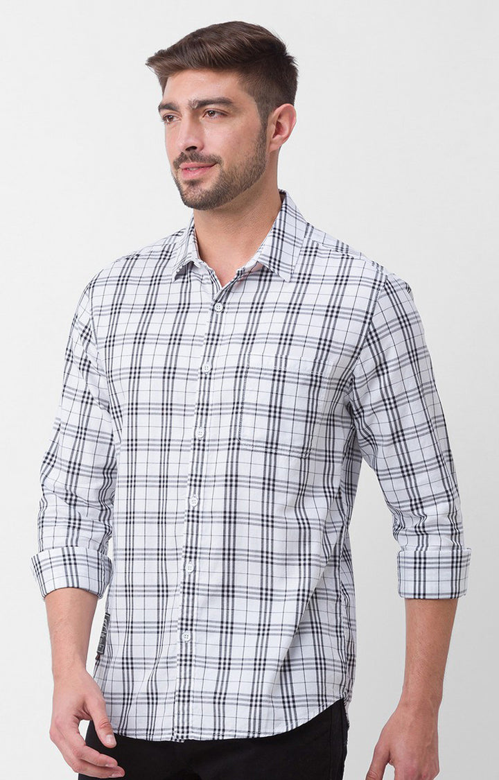 Spykar White Cotton Full Sleeve Checks Shirt For Men