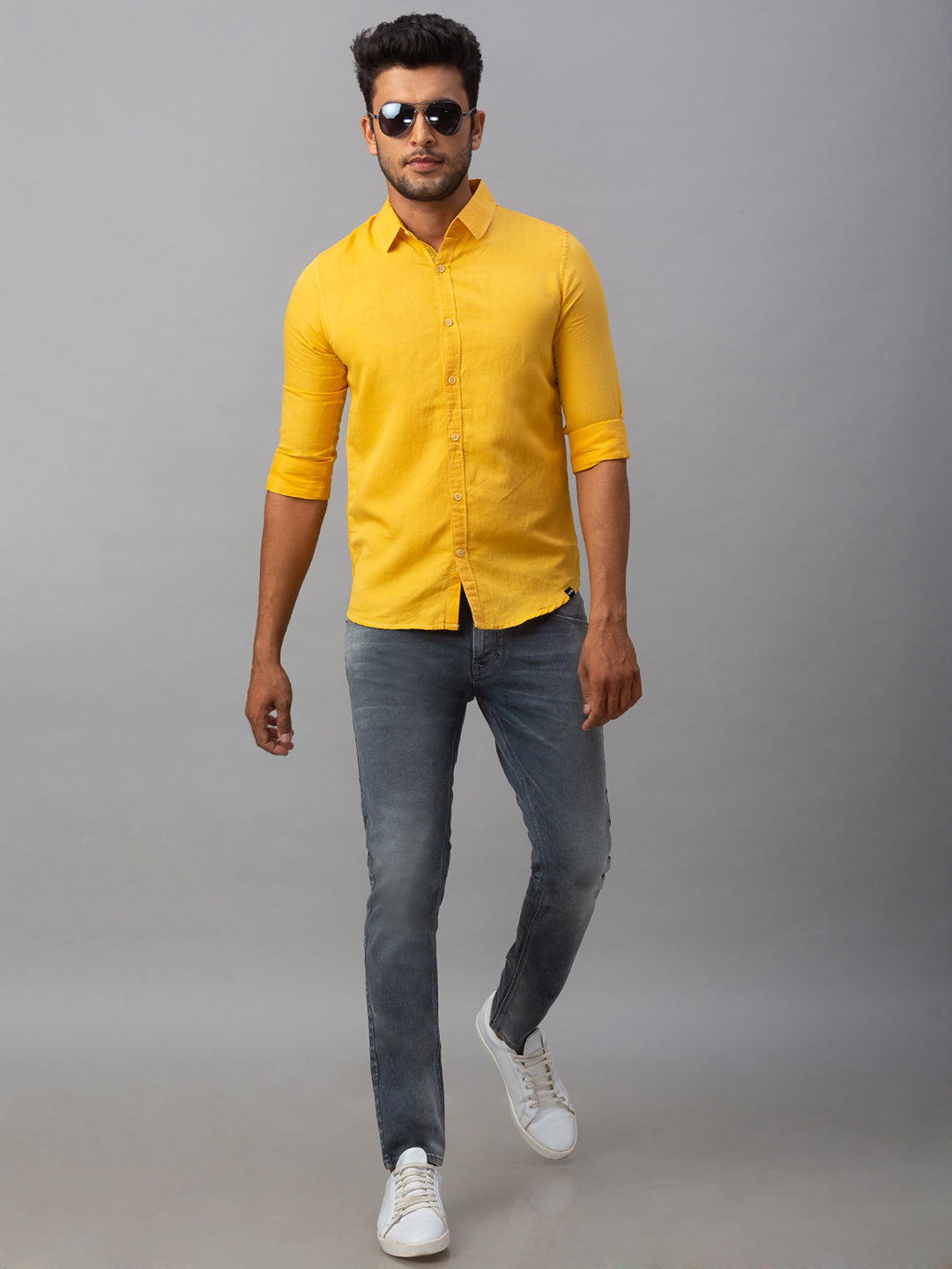 Spykar Men Yellow Cotton Slim Fit Shirt