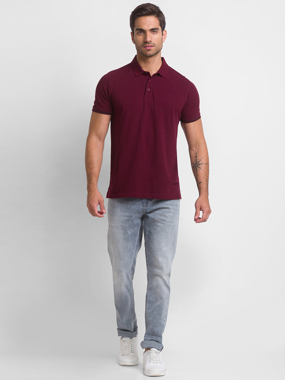 Spykar Wine Cotton Half Sleeve Plain Casual Polo T-Shirt For Men