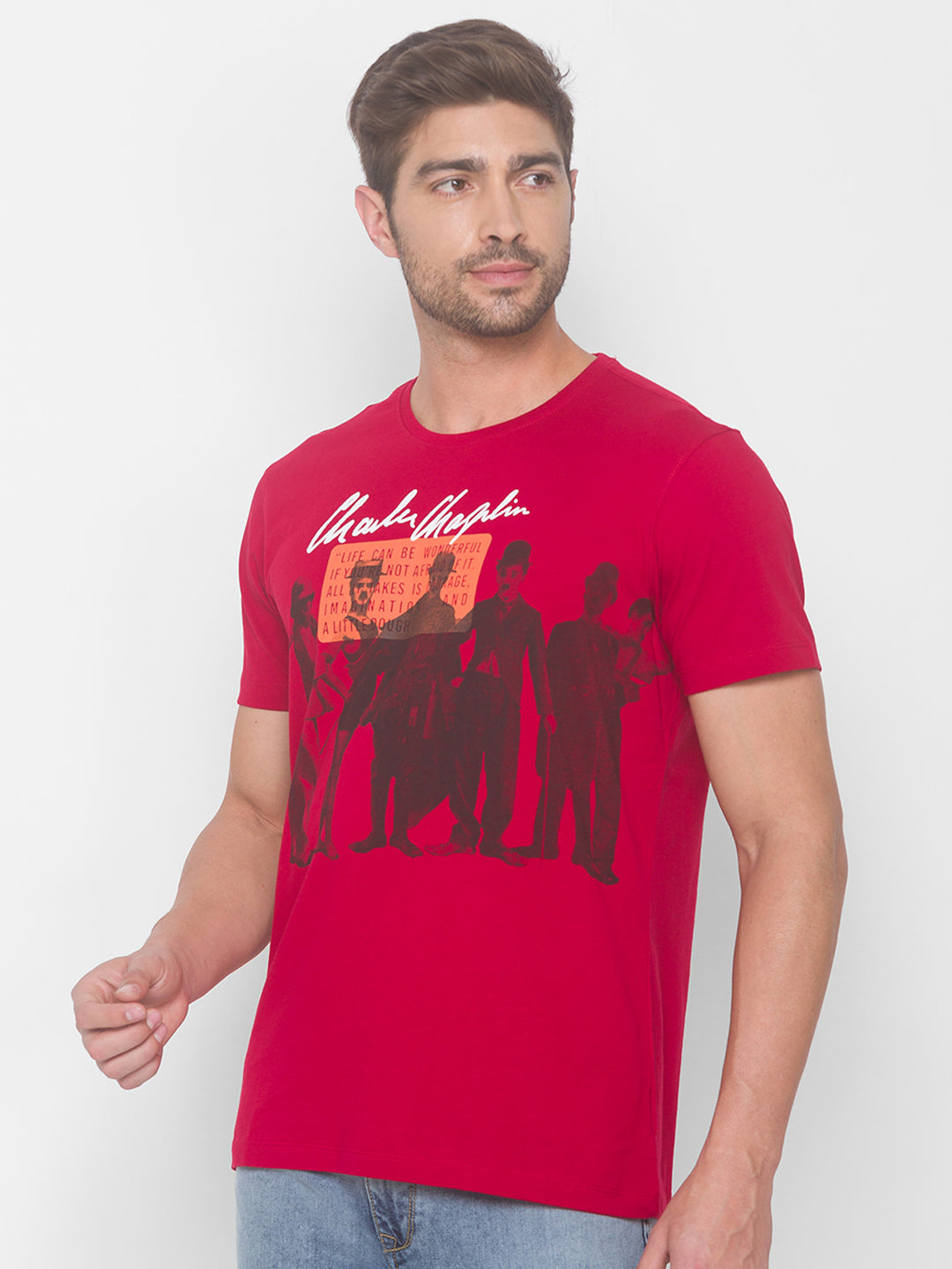 Charlie Chaplin Spykar Men Red Cotton Slim Fit Round Neck T-Shirt