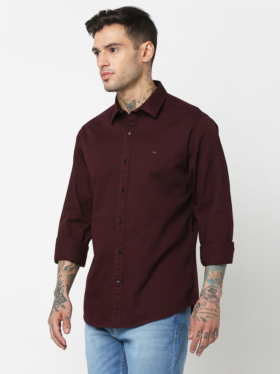 Spykar Men Wine Red Cotton Slim Fit Plain Shirts