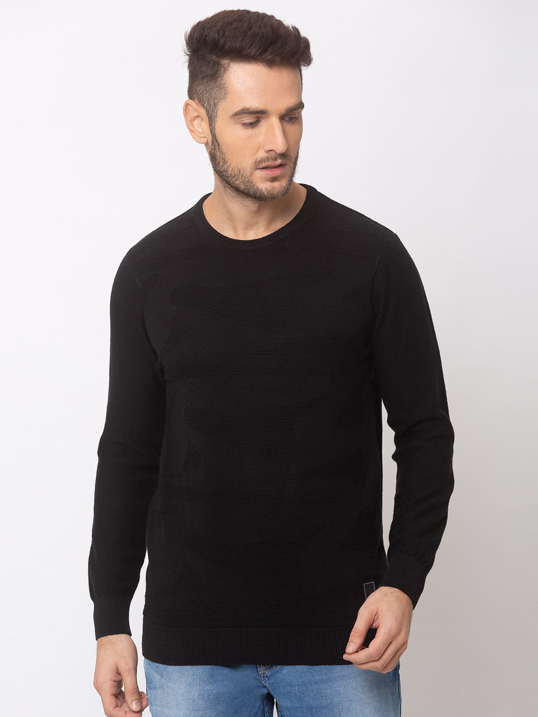 Spykar Men Black Cotton Regular Fit Sweater