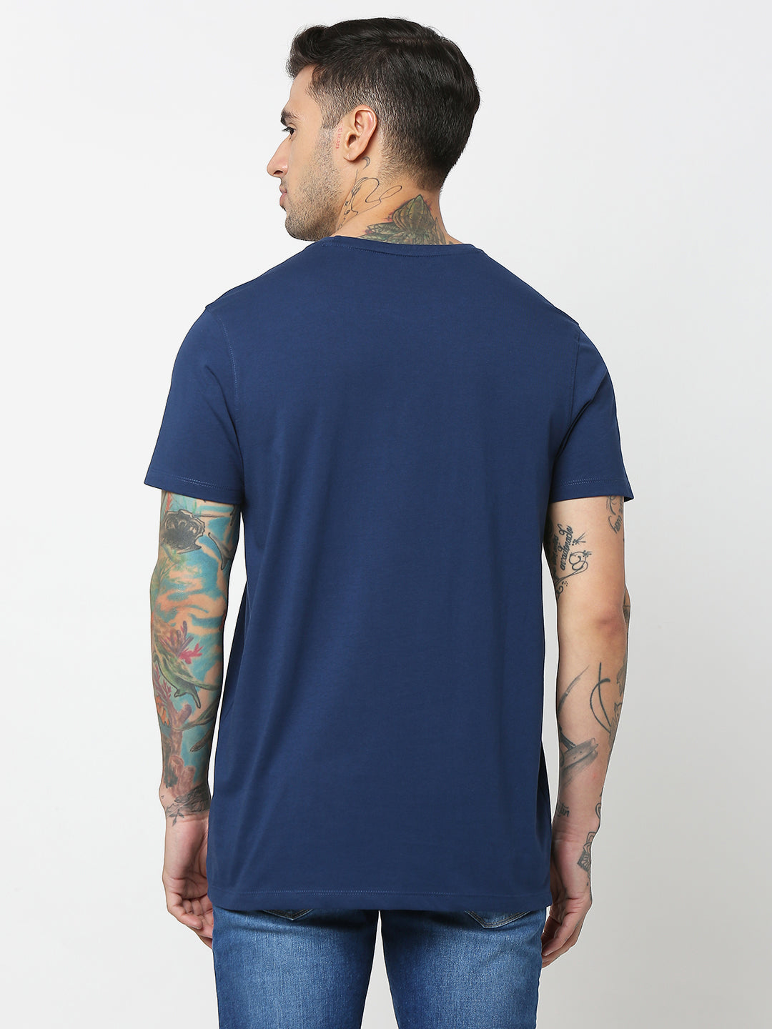 Spykar Men Indigo Blue Cotton Slim Fit Round Neck Plain T-Shirt