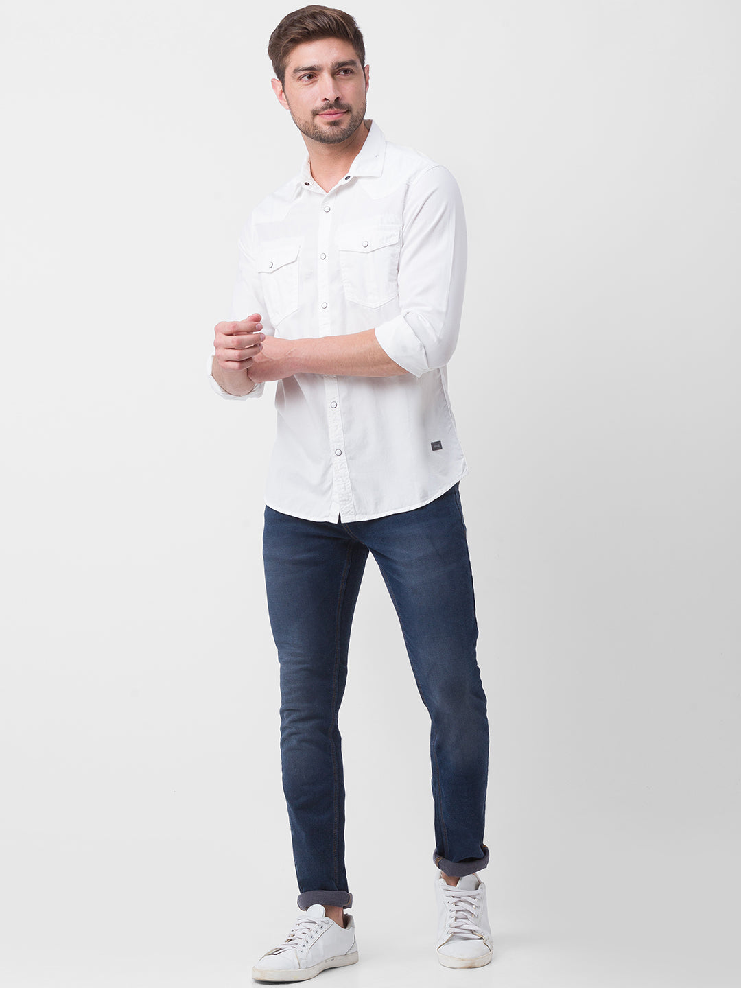 Spykar White Cotton Full Sleeve Plain Shirt For Men