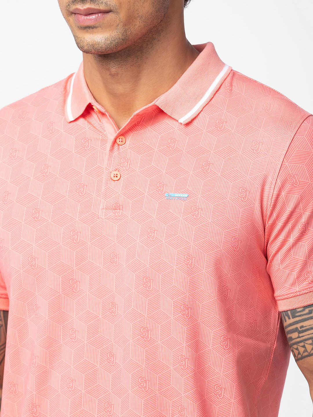 Spykar Men Peach Pink Cotton Regular Fit Half Sleeve Printed Polo T-Shirt