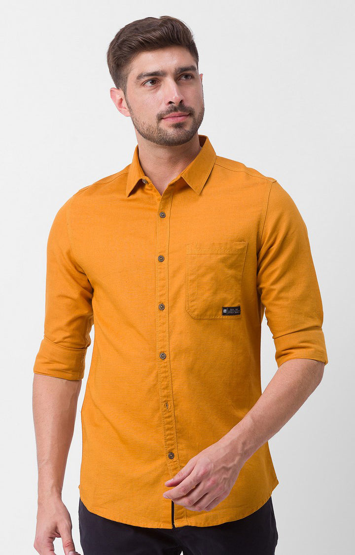 Spykar Mustard Yellow Cotton Full Sleeve Plain Shirt For Men