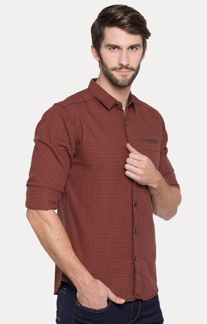 Spykar Men'S Orange Cotton Checked Casual Shirts