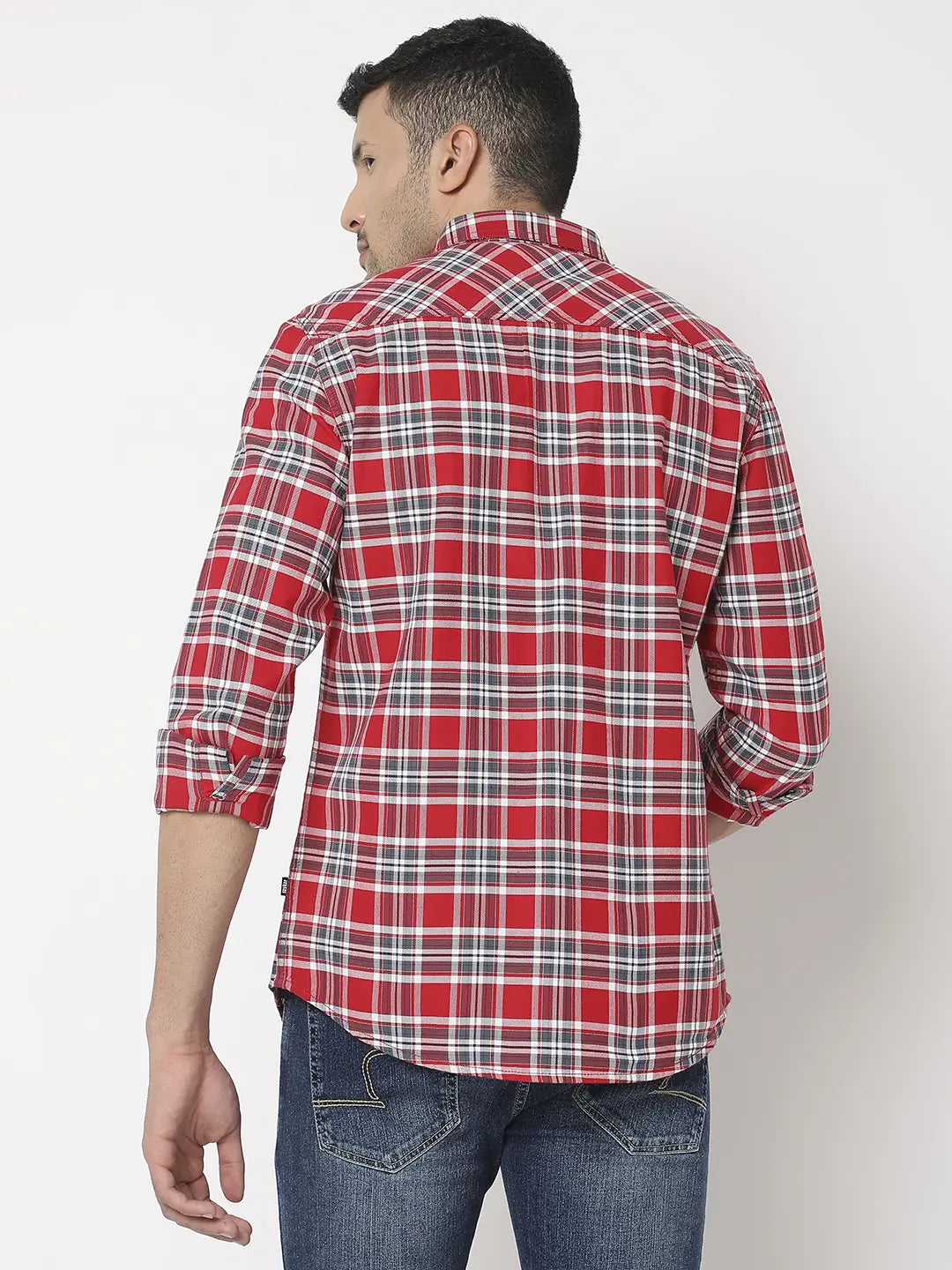 Spykar Men Red Cotton Slim Fit Checkered Shirt