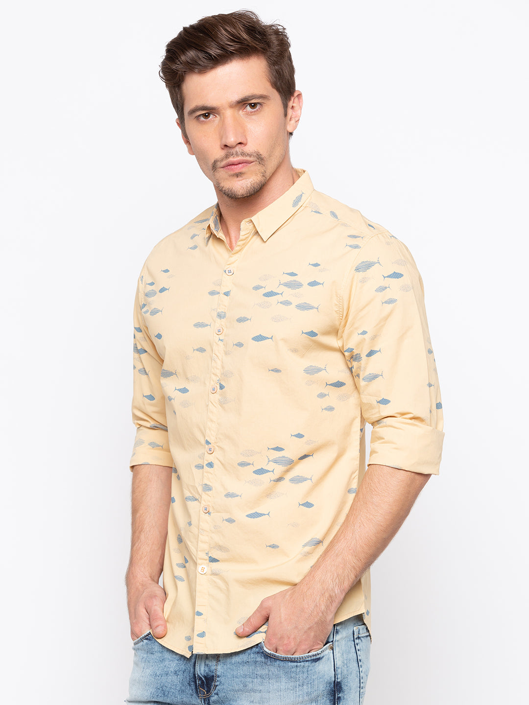 Spykar Men Beige Printed Slim Fit Casual Shirt