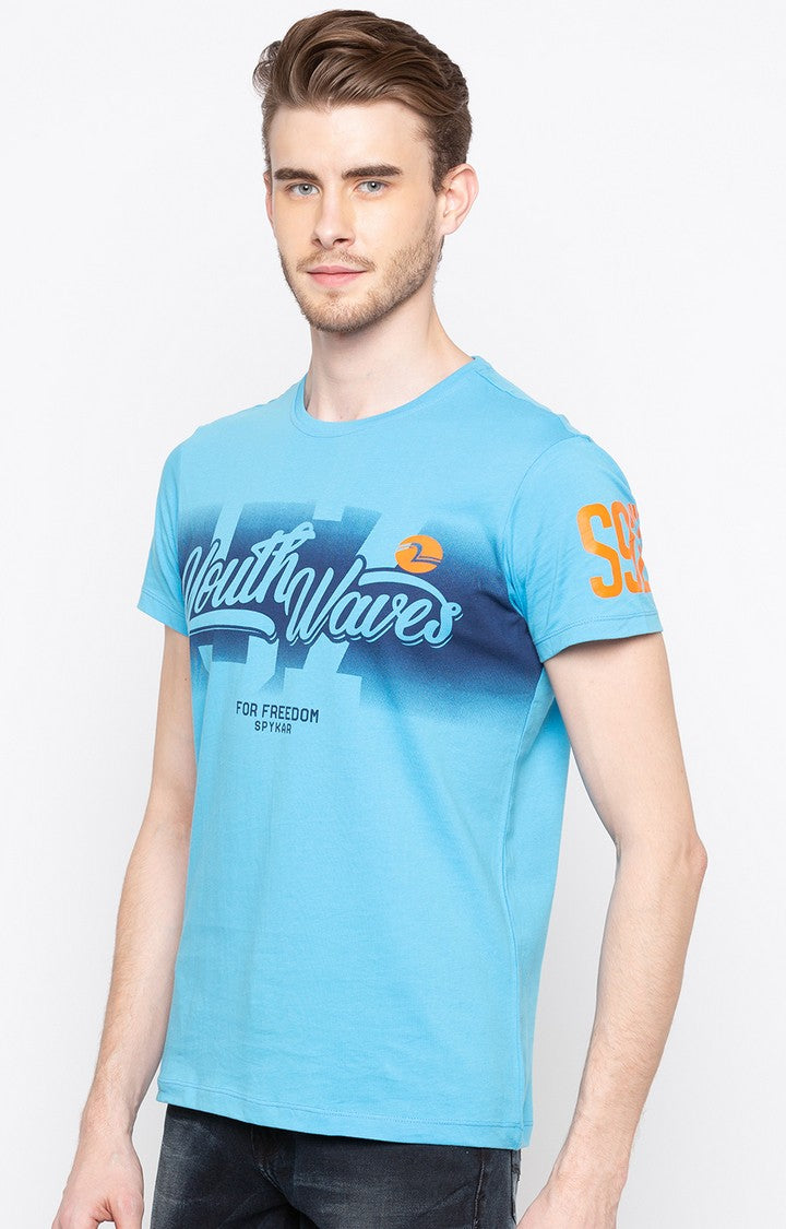 Spykar Sky Blue Printed Slim Fit Men T-Shirts