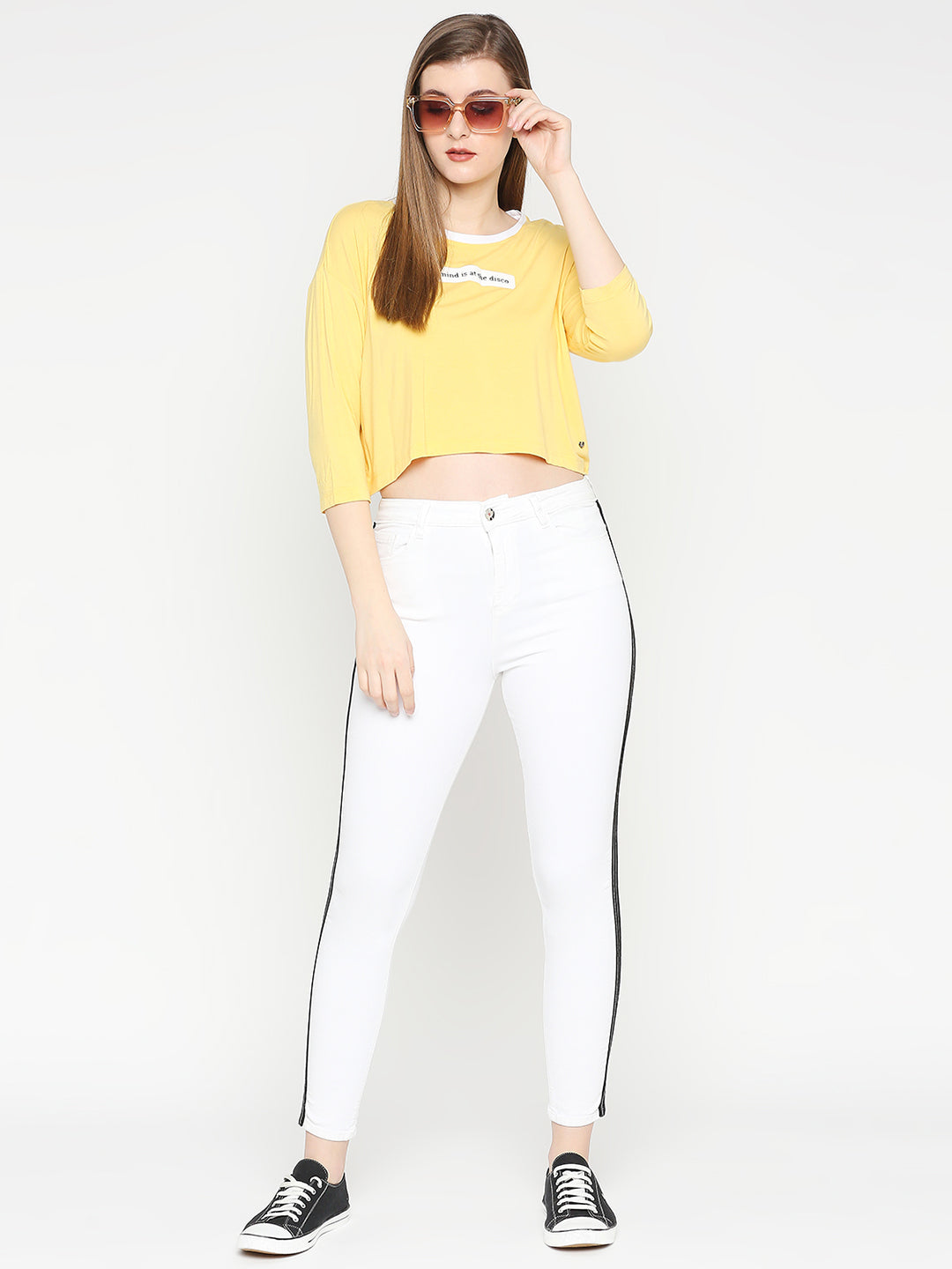 Spykar Women Yellow Blended Slim Fit Printed Crop Top