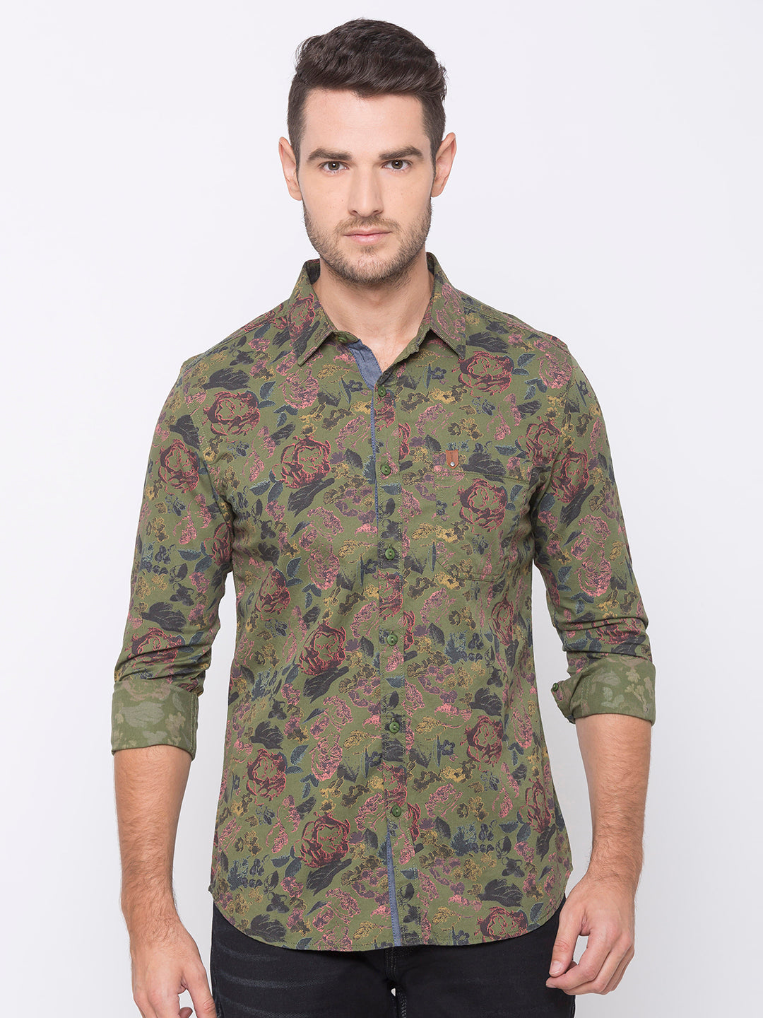 Spykar Slim Fit Men Green Cotton Casual Shirts