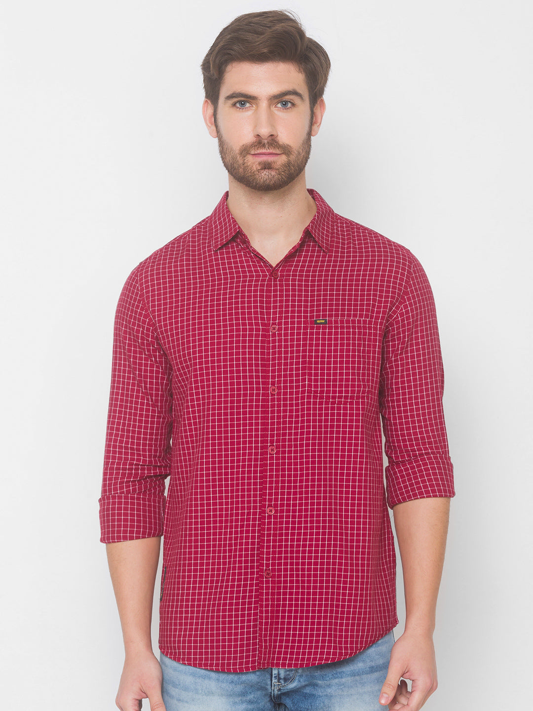 Spykar Men Deep Red Cotton Slim Fit Shirt