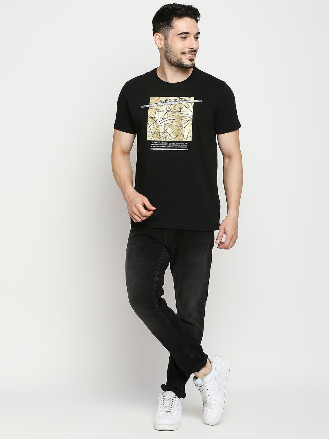Spykar Black Cotton Half Sleeve Printed Casual T-Shirt For Men