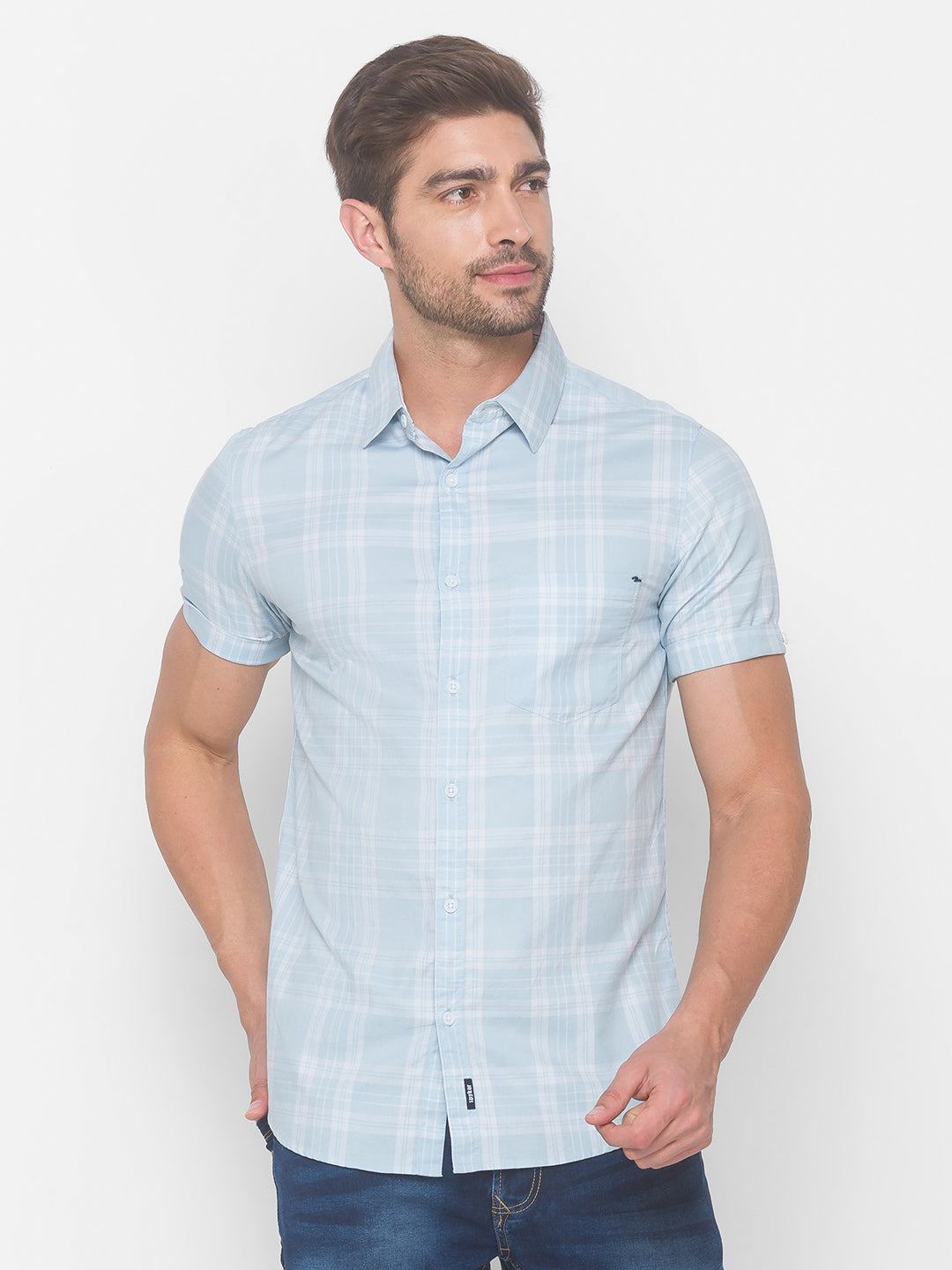 Spykar Men Sky Blue Cotton Slim Fit Shirt