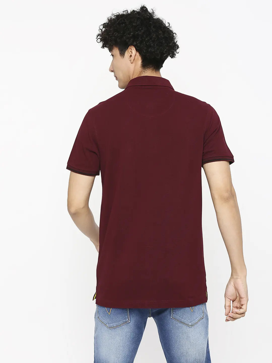 Spykar Men Wine Cotton Slim Fit Plain Polo Neck Tshirt