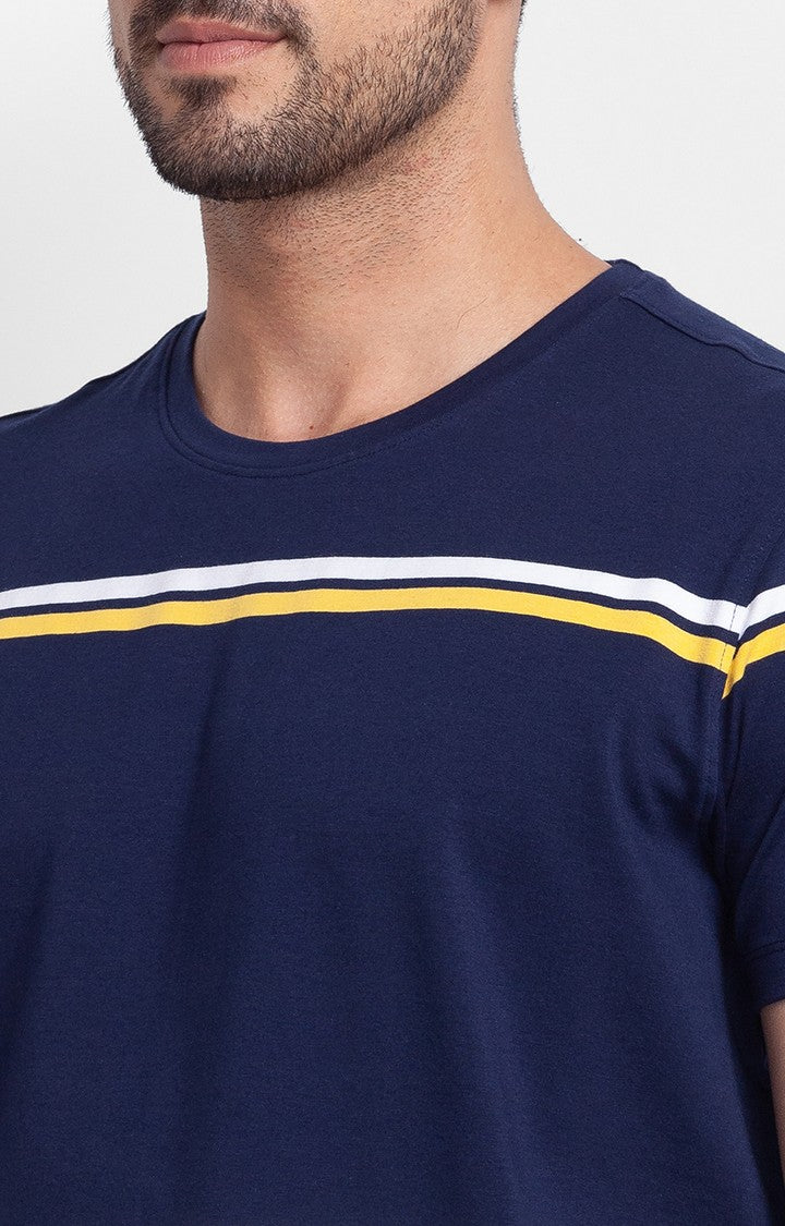 Spykar Navy Blue Cotton Half Sleeve Stripes Casual T-Shirt For Men