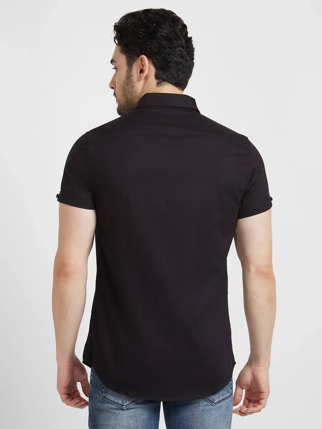 Spykar Men Black Dyed Regular Slim Fit Half Sleeve Plain Shirt