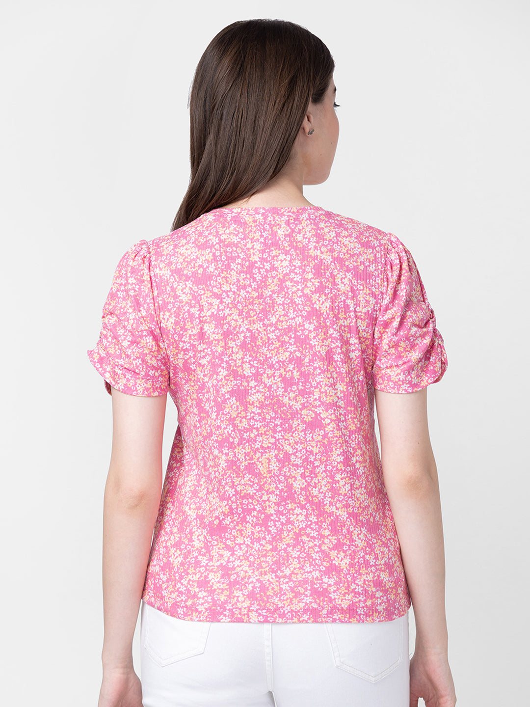 Spykar Women Fuschia Pink Cotton Slim Fit Floral T-Shirts