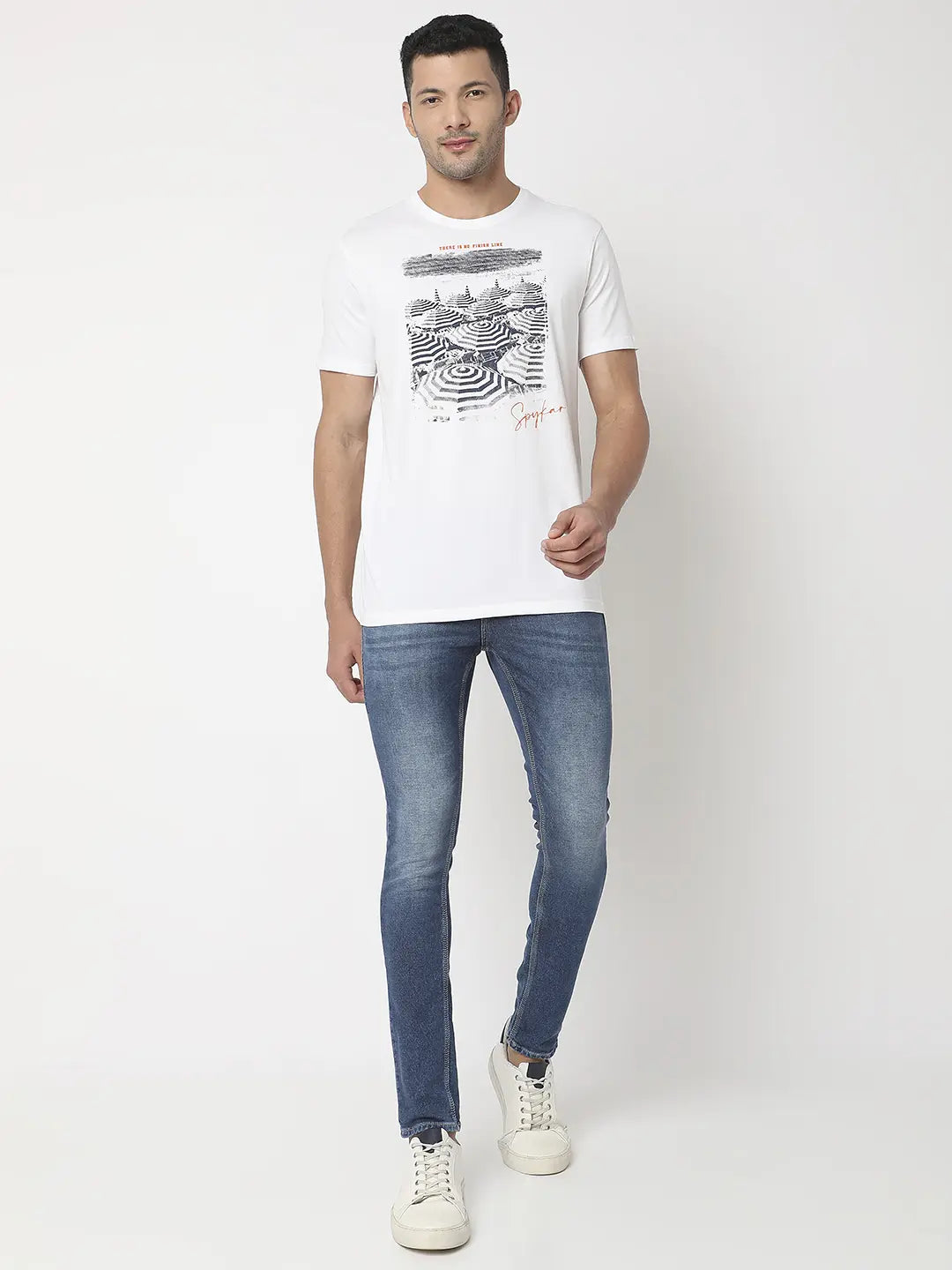 Spykar Men White Cotton Regular Fit Printed Round Neck Tshirt