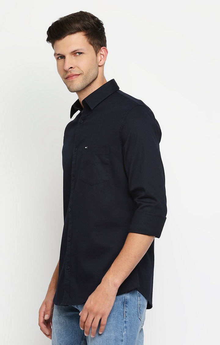 Spykar Navy Cotton Full Sleeve Plain Shirt For Men