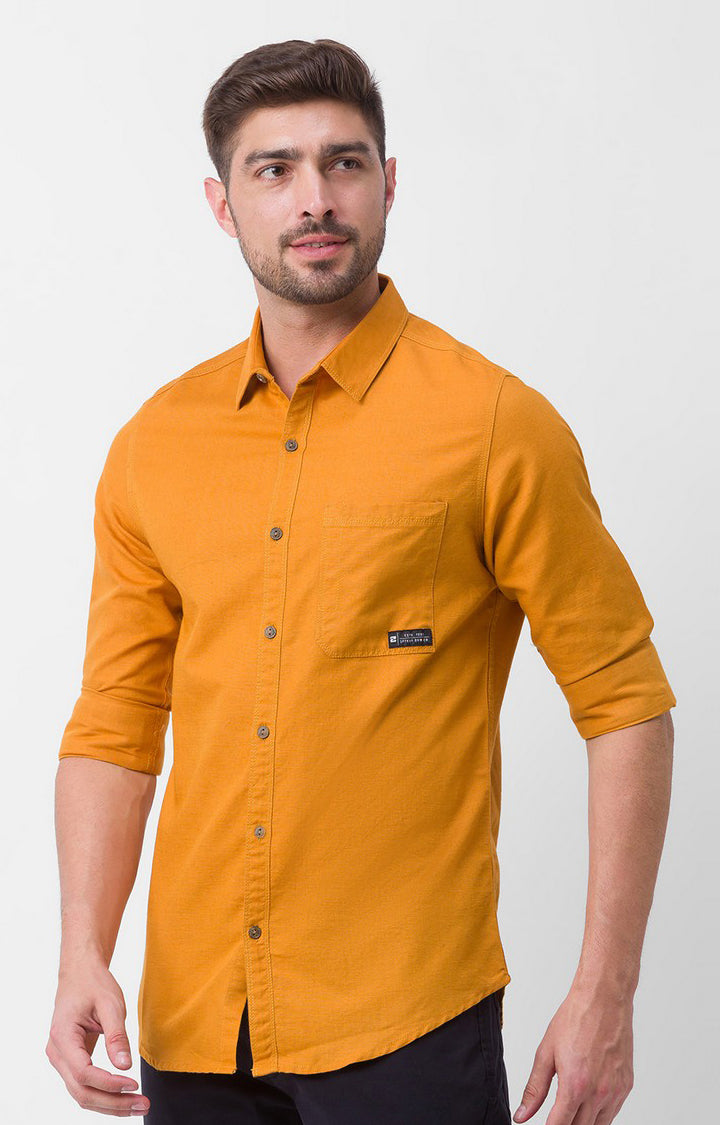 Spykar Mustard Yellow Cotton Full Sleeve Plain Shirt For Men