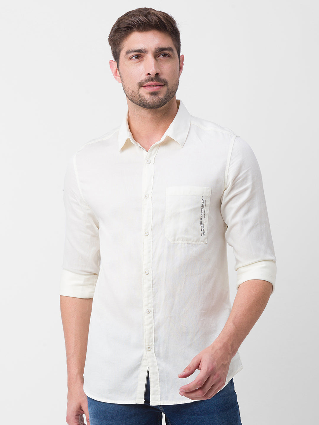 Spykar Off White Cotton Full Sleeve Plain Shirt For Men