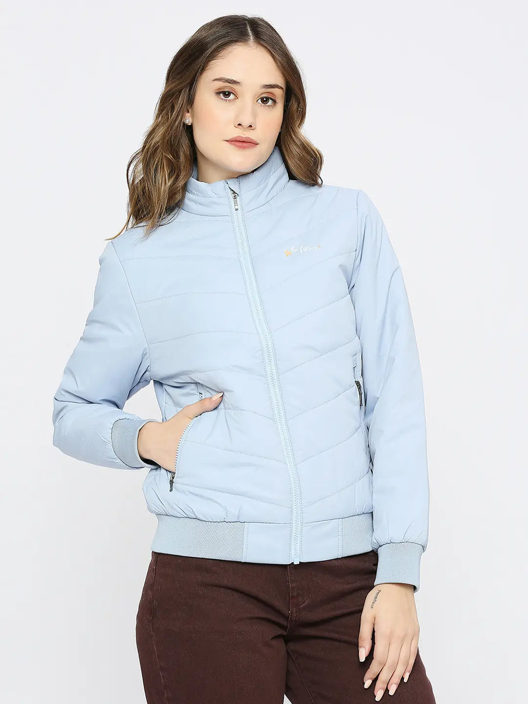 Spykar Women Sky Blue Nylon Regular Fit High Neck Plain Jacket