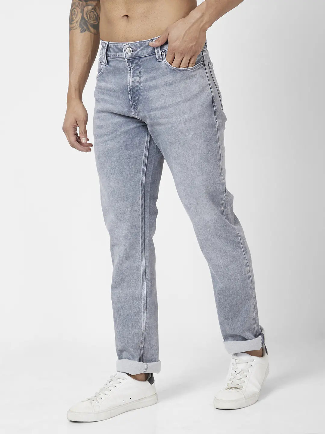 Spykar Men Light Grey Cotton Stretch Comfort Fit Straigth Length Clean look Mid Rise Jeans (Ricardo)