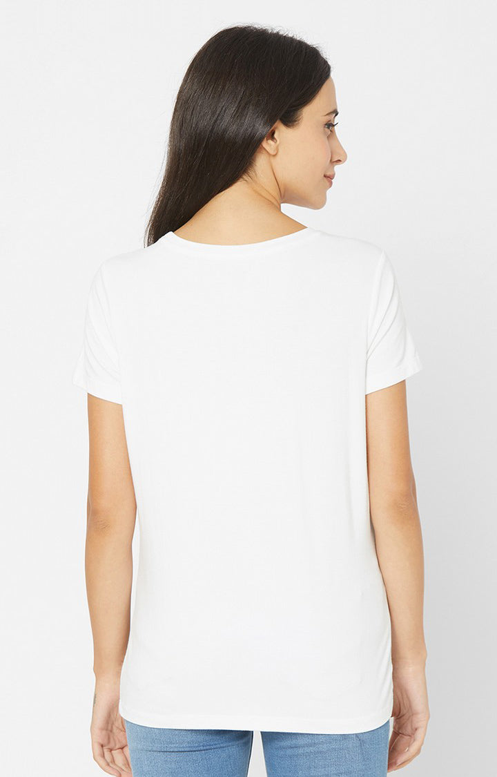Spykar Women White Cotton Regular Round Neck T-Shirts
