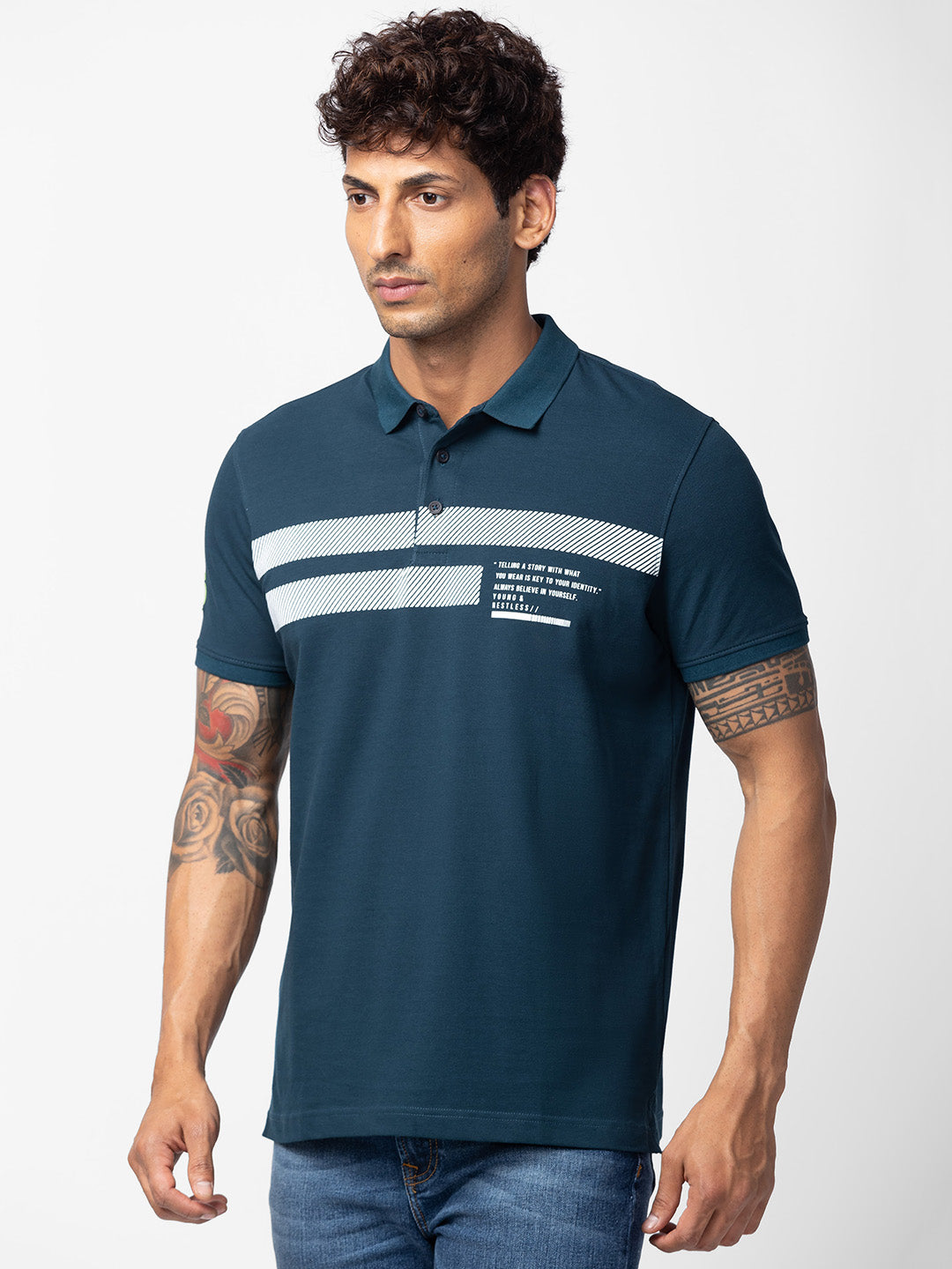 Spykar Men Teal Blue Cotton Regular Fit Half Sleeve Printed Polo T-Shirt