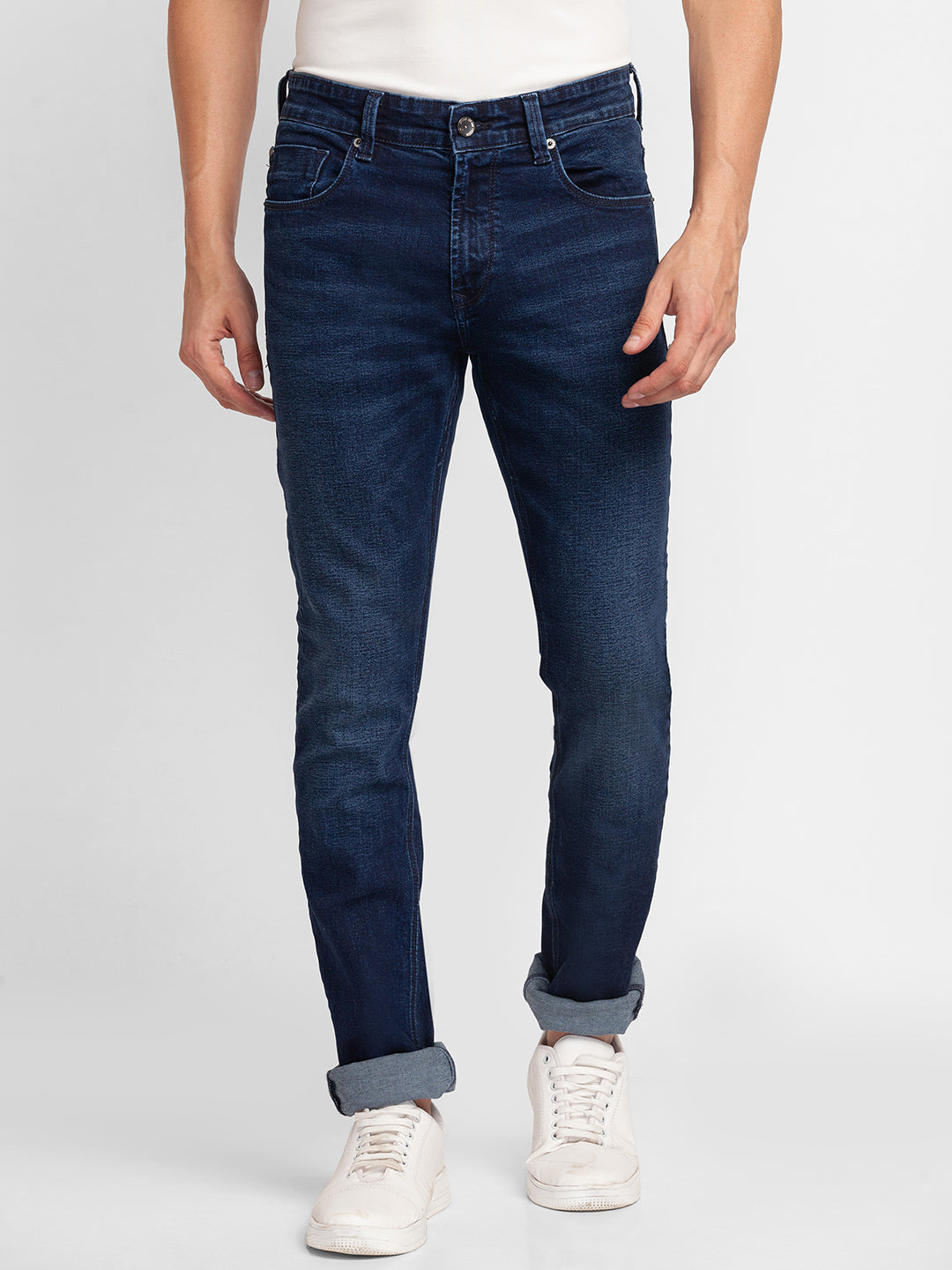 Spykar Dark Blue Cotton Regular Fit Narrow Length Jeans For Men (Rover)