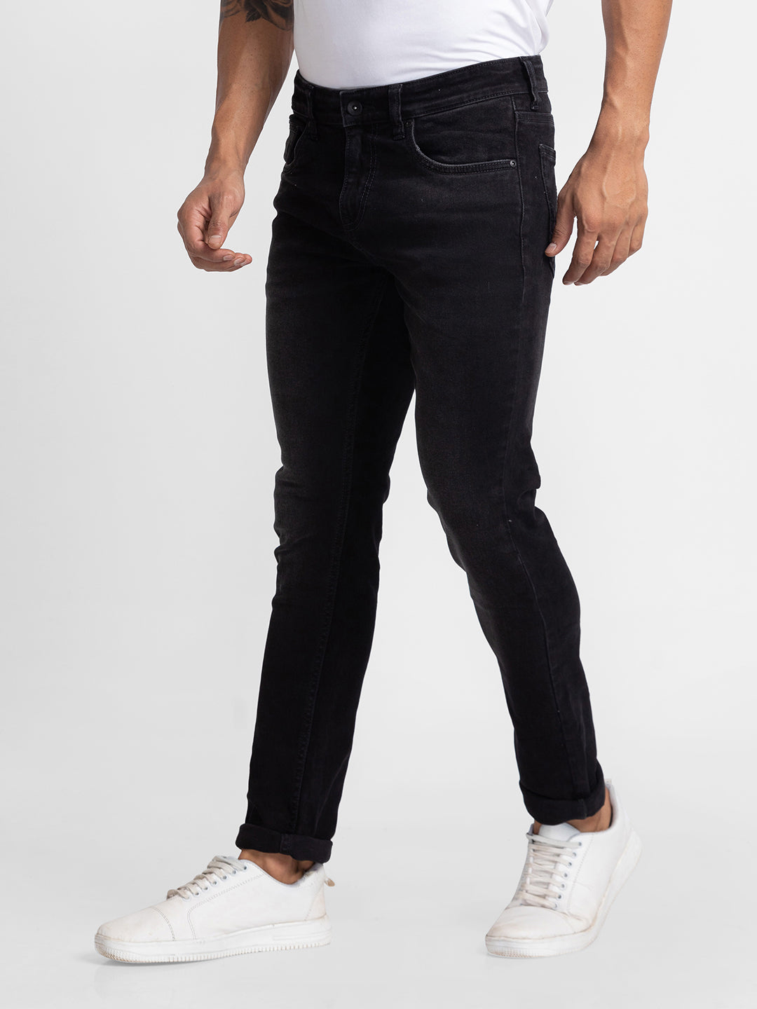 Spykar Black Cotton Slim Fit Narrow Length Jeans For Men (Skinny)