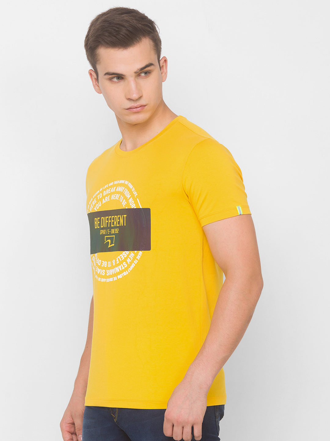 Spykar Men Yellow Cotton Slim Fit Round Neck T-Shirt