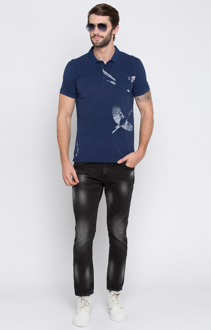 Spykar Blue Printed Slim Fit Polo T-Shirt