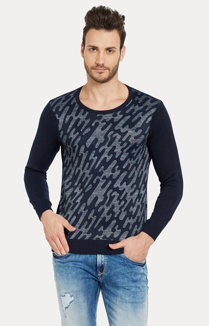 Spykar Men Blue Cotton Slim Fit Round Neck Sweatshirt