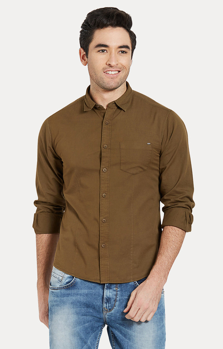 Spykar Men Olive Solid Slim Fit Casual Shirt