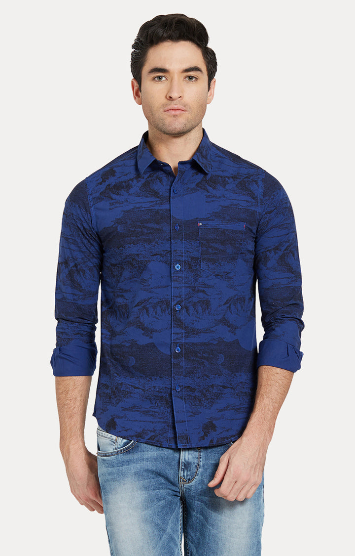 Spykar Men Blue Printed Slim Fit Casual Shirt