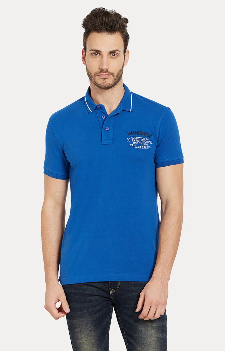 Spykar Men Blue Cotton Slim Fit Polo T-Shirt