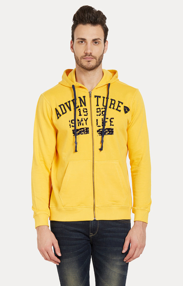 Spykar Men Yellow Cotton Slim Fit Hooded Sweatshirt