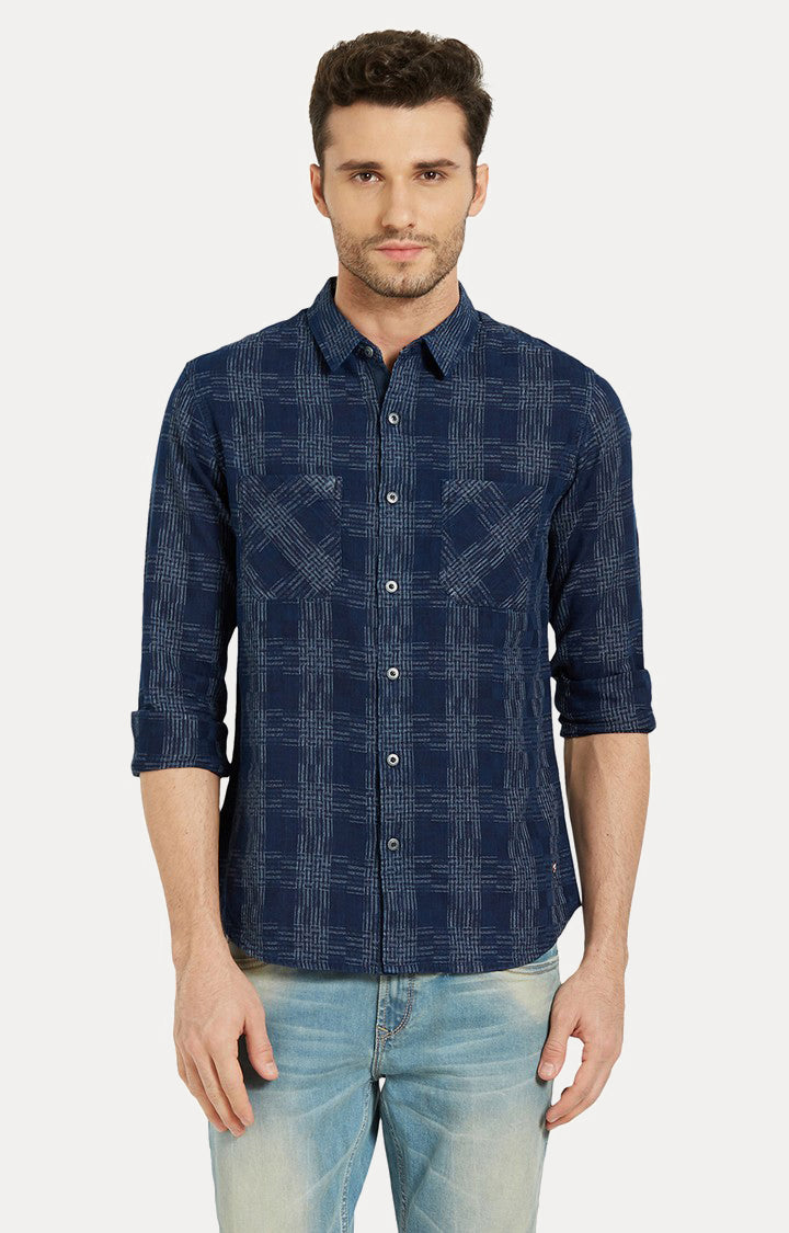 Spykar Men Blue Checked Slim Fit Casual Shirt