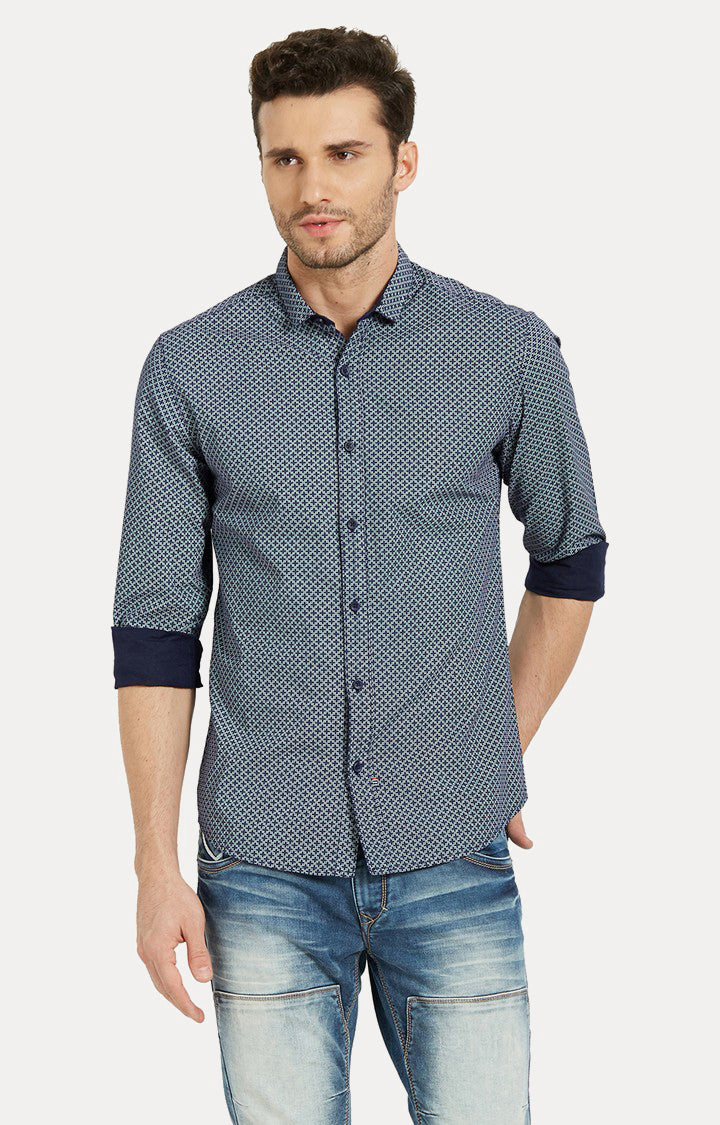 Spykar Men Blue Printed Slim Fit Casual Shirt