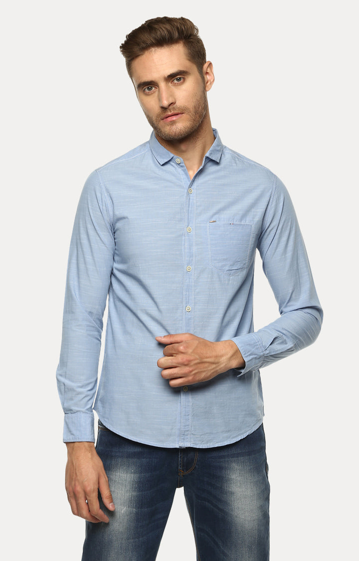 Spykar Men Blue Melange Slim Fit Casual Shirt